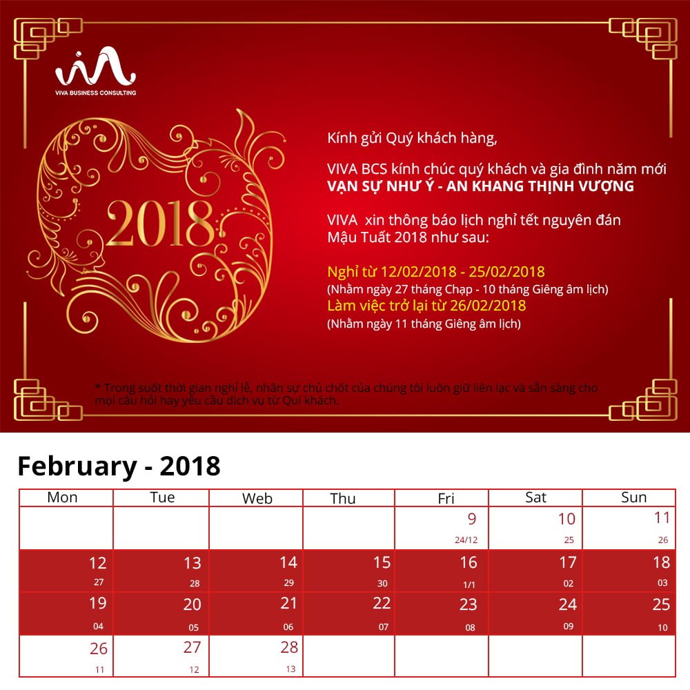 Thông báo lịch nghỉ tết 2018 VIVA BCS